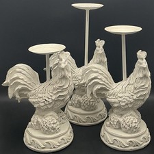 Rustic Farmhouse White Wood Metal 3pc Rooster Pillar Candle Holders China c1980s picture