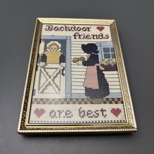 Vintage 70’s Completed Cross Stitch Needlepoint Friendship Framed Cottagecore picture