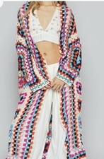 New POL Crochet Colorful Granny Square Duster Cardigan Boho Long One Size Multi picture