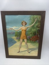 Vtg 1920s Art Deco Bathing Beauty Lithograph Print Framed Flapper Swimwear 22x17 picture