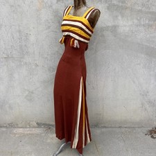 Vintage 1930s 1940s Brown, Yellow & White Wool Dress Striped Paramount Studios picture
