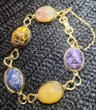 Vintage Mid-Century Gemstone Scarab Link Bracelet 1/20 12K Gold Filled  picture