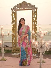 Bollywood Designer Tabby Silk Floral Print Handwork Saree Party Wear Blouse Sari picture