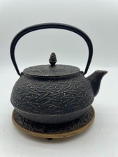 Antique Japenese Cast Iron Teapot with Pine Needle Design & Trivet picture