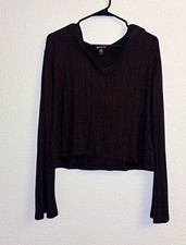Athleta Conqua Black Rib Knit Hoodie V-Neck Long Sleeve Stretch Women's S picture