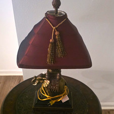 The Bombay Company Vintage Resin Elephant Accent Lamp Burgundy Shade Gold Tassel picture
