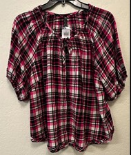 Torrid Women’s Sleep 2X Pink Black White Plaid Tie-Neck Puff Sleeve Blouse NWT picture