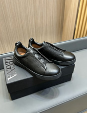Zegna Triple Stitch All Black Grain Leather Slip On Men Casual Trainers picture