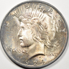 1924 PEACE DOLLAR ~ PRETTY BLUE/MAROON/PASTEL TONED CH. BU UNCIRCULATED  INV#6 picture