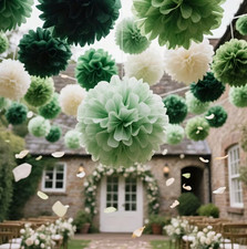 21pc Sage Green Ivory Tissue Paper Pom Poms Wedding Baby Shower Party Decoration picture