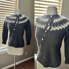 Icelandica Wool Cardigan Sweater L/XL Womens Brown Geometric Diagonal FLAWS READ picture