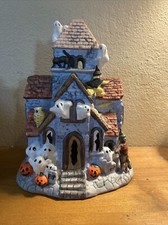 87 Flambro Haunted House Illuminated Ghostly Window Halloween Ceramic Decoration picture