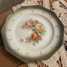 Gorgeous Antique LIMOGES Porcelain 7” Plate Blush Roses Green GILT Trim picture
