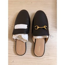 Quince Italian Leather Horsebit Loafer Mules Black Gold Size 9 New in Box picture