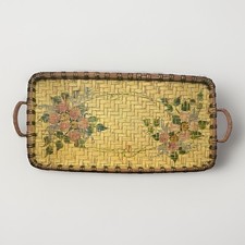 Vtg Hand Painted Woven Bamboo Tray Floral Rose Platter Handles Lacquer 23 In  picture