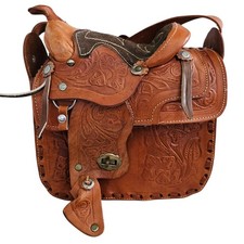 Western Saddle Leather Handbag Hand Tooled Suede Handcrafted Adjustable Strap picture