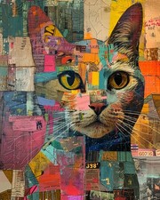 Golden-Eyed Tabby Cat Face in Vivid Abstract Collage Print - 21700749 picture