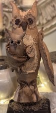 ￼Primitive Handmade  Owl & Baby Doll Folk Art picture