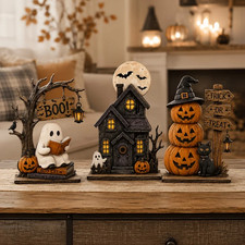 3pcs Vintage Halloween Wooden Blocks Ghost Cat Pumpkin Shelf Decor picture