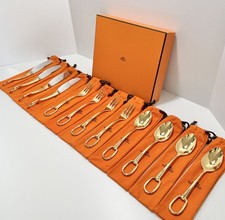 Hermès Grand Attelage Fork Spoon Knife Set 18k Gold Plated 12PC $10,520 MSRP New picture