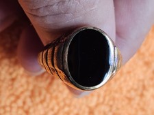 Vintage 925 Sterling Silver Black Onyx Signet Ring Gold Vermeil Fluted Band... picture