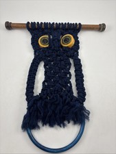 Vrg Retro Macrame OWL Towel Holder Wall Hanging GOOGLY EYES 1970s Boho Navy Blue picture