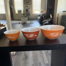 Vintage Pyrex Autumn Harvest Wheat Mixing Bowl Nesting Set of 3 - #401 #402 #403 picture