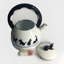 CUTE Vintage Kamenstein White Graphic Cat Kettle Teapot Tail Handle w/Whistle picture