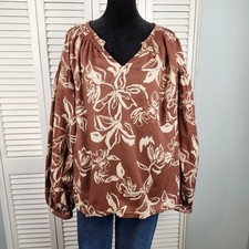 a.n.a Floral Top Brown & Ivory 1X Cotton Balloon Sleeve Coastal Cowgirl Boho picture