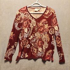 Zenergy by Chico's Womens Sz2 Maroon/White Floral V-Neck Pullover Shirt picture