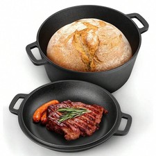 NEW 5QT 2-In-1 Black Cast Iron Dutch Oven Pot With Skillet Lid Cooking Pan picture