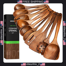Teak Wooden Utensil Set 10 Pcs Non-Toxic Cooking Spoons & Spatulas picture