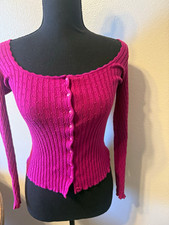 LA Maille Sezane Women's Pink Ribbed Knit Button Front Square Neck Cardigan XS picture