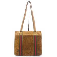 GUCCI Sherry Line Webbing Shoulder Tote Bag Suede Leather Brown Vintage picture