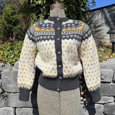 Vintage 60s 70s Norwegian Wool Hand Knit Cardigan Sweater Sz S Fair Isle picture