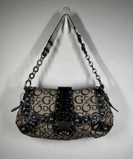 GUESS Y2K Vintage Roma Monogram Croc Trim Handbag Beige Black Logo Shoulder Bag picture