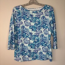 Talbots tee womens MP blue paisley 3/4 sleeve stretch colorful picture