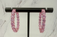 Diamonique x Jennifer Miller 1-1/8” Pink Ecoat CZ Hoops Sterling Silver 925 picture