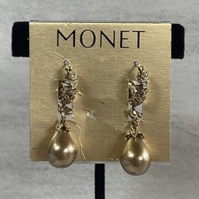 Vintage Monet Signed Gold Tone Laurel Leaf Rhinestone Teardrop Pearl Earrings picture