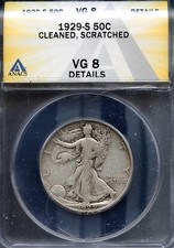 1929-S 50c Silver 50c Walking Liberty Half VG 8 Details ANACS # 8005534 + Bonus picture