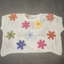 BiBi Sweater Womens Large 3D Flower Patches Crochet Mesh Cotton Boxy Boho Retro picture