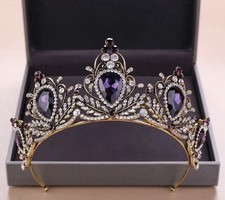 VINTAGE STYLE PURPLE AMETHYST RHINESTONE GOLD TONE METAL PRINCESS TIARA CROWN picture