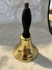 Vintage Etched Brass School Bell w/Solid Wooden Handle Made in India  8” picture
