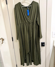Allegrace Green Solid A-Line Midi Dress 3X Plus V-Neck Long Sleeve picture