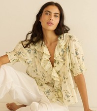 DÔEN Henri Sunshine Prairie Rose Floral Yellow Cotton Womens Blouse Tunic Top S picture