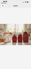 Vintage Pier 1 Imports 3pc Ceramic Canister Set, Rustic Brick Red, Brass Lids picture
