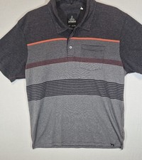 prAna Men’s Large Striped Polo Shirt Gray Red Short Sleeve Performance Casual picture