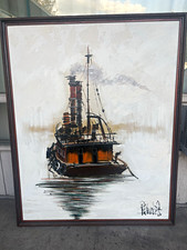 Vintage Signed Nautical Boat Seascape Painting Canvas 53x43