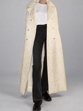 VTG 70s Eve Stillman Women's Ivory Quilted Long Trench Coat Button Front Size M picture