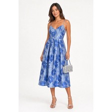 Vivinna Blue Floral Jacquard Pleated Midi Dress Wedding Guest Classic NWT picture